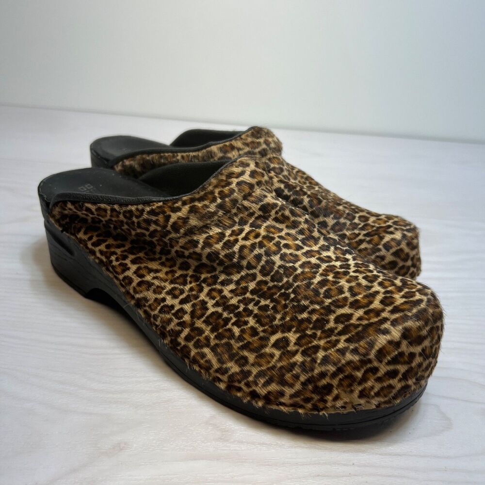 Bjork wooden animal print calf‎ fur slip on clogs Womens Size 41-42